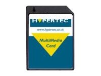 Hypertec 256MB RS-MMC memory card featuring a black plastic casing with a blue and yellow label displaying the brand name and product type.