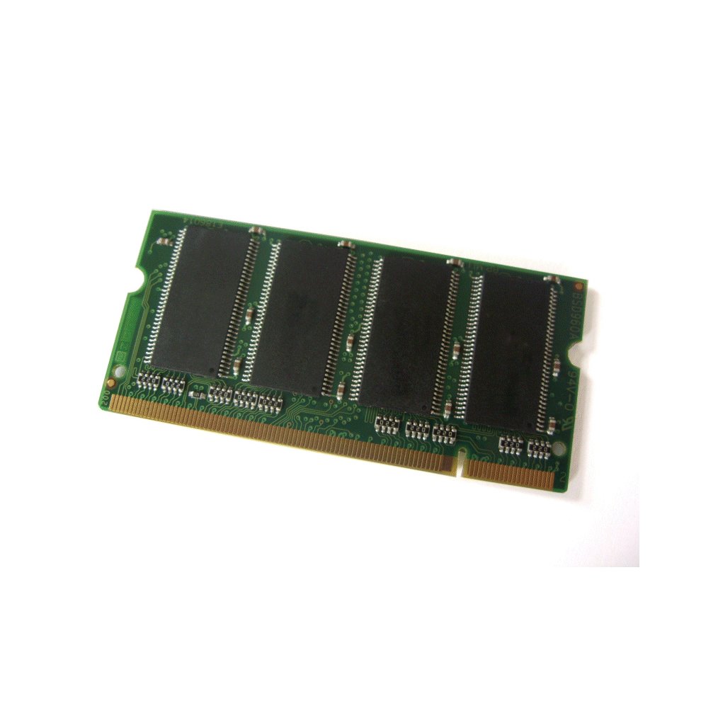 Green circuit board memory module with a gold connector edge, featuring multiple black memory chips and labeled as Hypertec 256MB SODIMM PC100, designed for legacy systems.