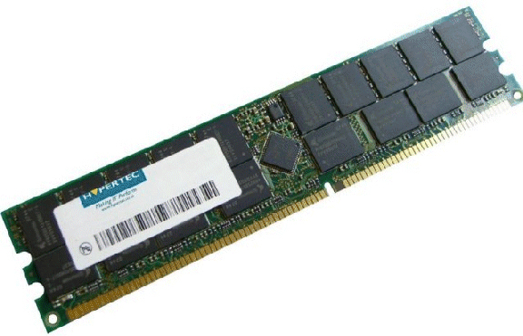 Hypertec 2GB PC2700 memory module featuring a green circuit board, black memory chips, and a white label with barcode, designed for DDR 333 MHz compatibility.
