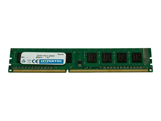 Green circuit board with a silver label reading "HYPERTEC," featuring four black memory chips and gold connectors on the bottom, indicating a 2GB DDR3 1066 MHz memory module.