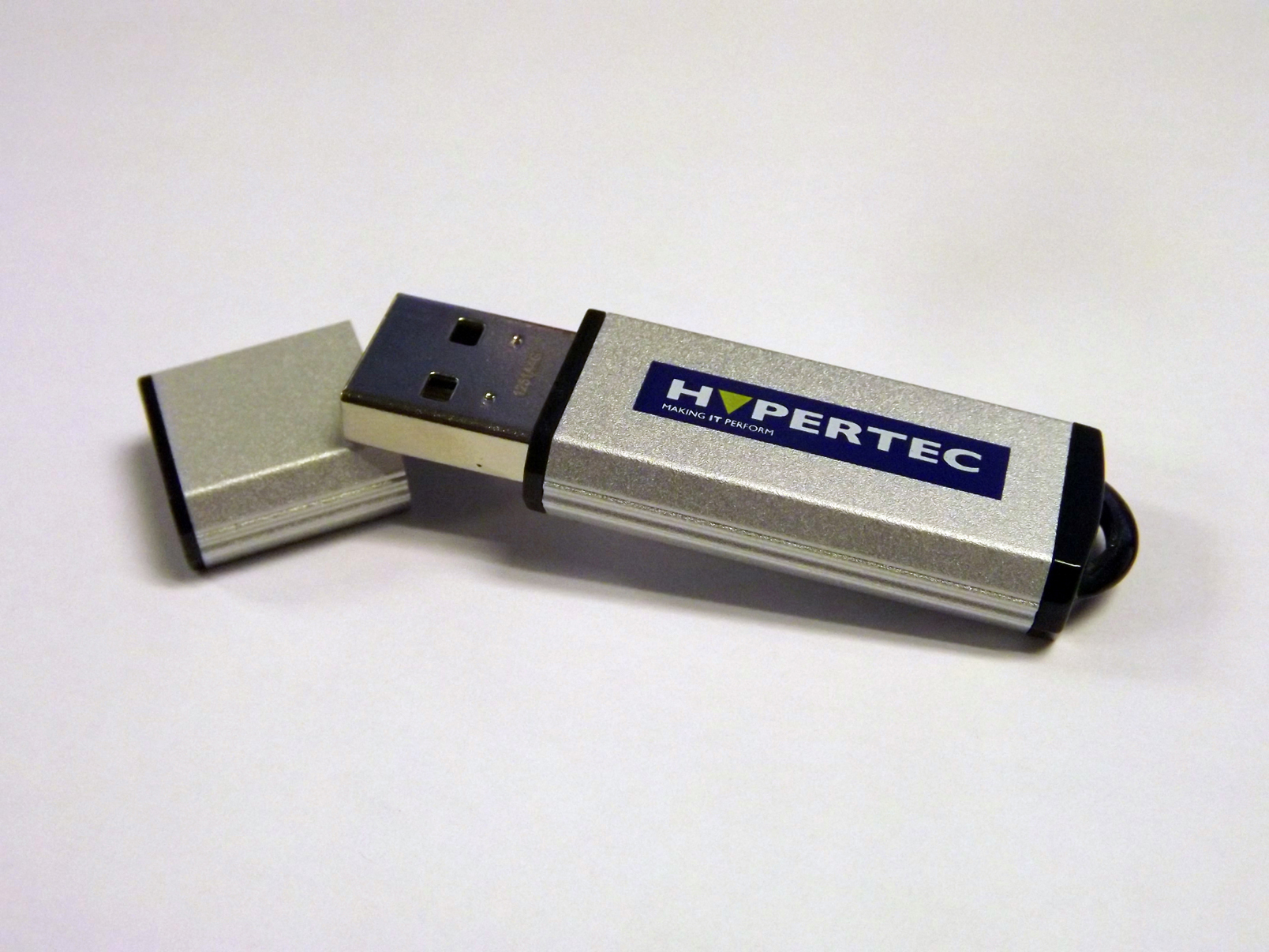 Silver and black Hypertec 32GB USB 3.0 flash drive with a removable cap, featuring the "HYPERTEC" logo prominently on the side.