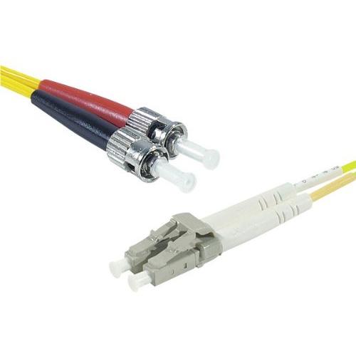 Yellow InfiniBand/fibre optic cable featuring LC and ST connectors, with red and black color-coded sections, designed for high-speed data transmission.