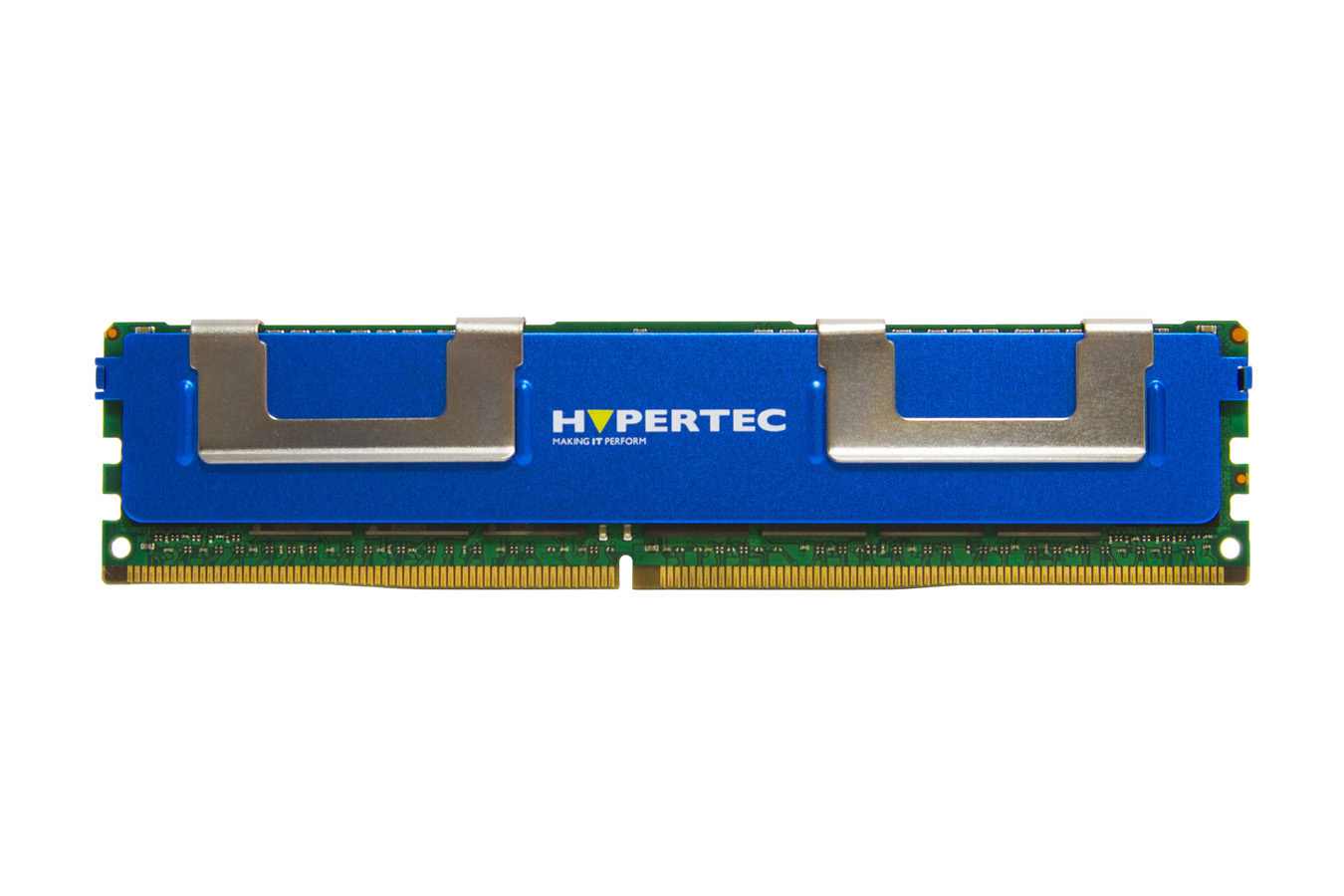 Blue Hypertec memory module with silver heat spreaders, labeled "HYPERTEC," featuring one 4 GB DDR3 chip operating at 1333 MHz, with gold connectors at the bottom.