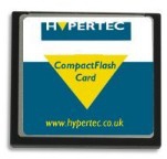 Hypertec 4GB CompactFlash memory card featuring a blue and yellow design with a triangular logo and text, encased in a black plastic frame.