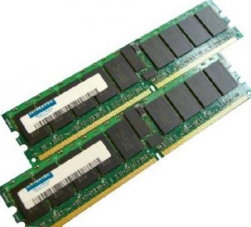 Two green Hypertec 4GB DIMM memory modules, each with eight black chips, featuring a gold connector edge and labeled stickers on one side.