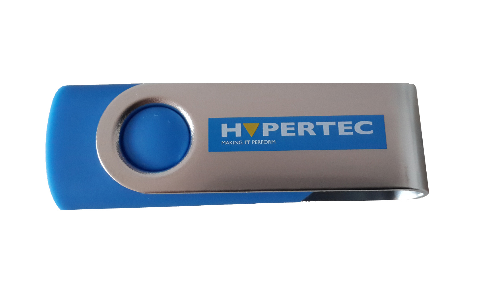 Silver and blue Hypertec 4GB USB2.0 swivel drive featuring a circular button and the logo "HYPERTEC" prominently displayed on the surface.
