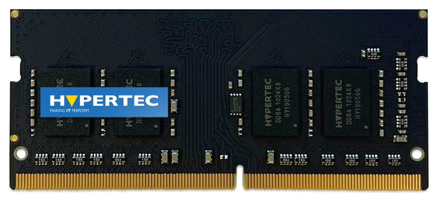 Hypertec 16 GB DDR4 memory module with a black PCB, gold connectors, and four black memory chips, featuring the Hypertec logo prominently displayed.