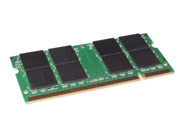 Green circuit board with six black memory chips, featuring 144 pins on the bottom edge, labeled "Hypertec 512MB DDR2 533Mhz" for legacy laptop use.