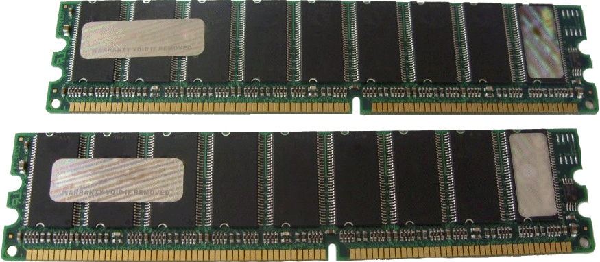 Green circuit board with two memory modules, each featuring multiple black chips, gold connectors, and a silver label, labeled as Hypertec 512MB PC2100 ECC, 266 MHz.