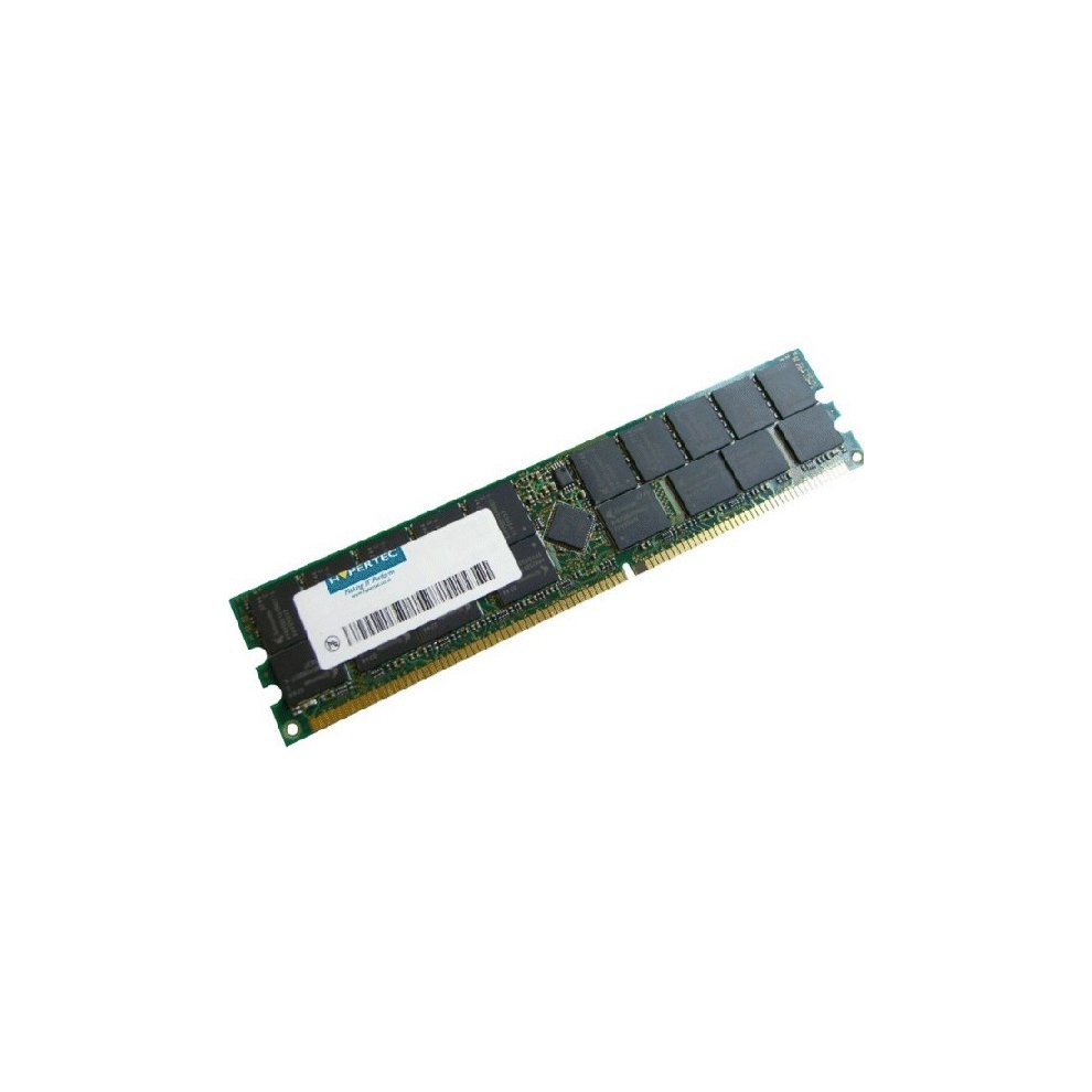Hypertec 512MB PC3200 memory module featuring a green circuit board, multiple black memory chips, and a white label with a barcode, designed for DDR 400 compatibility.