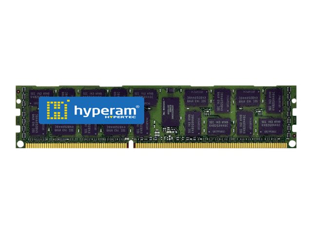 Hypertec 8GB DDR3 memory module featuring a green PCB, 240-pin DIMM design, and ECC technology, with a blue Hypertec logo prominently displayed.