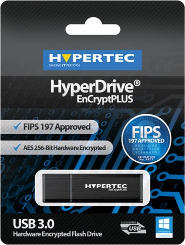 Black USB flash drive with "Hypertec" branding, featuring FIPS 197 approval and AES 256-bit encryption, packaged in a blue and black card with technology-themed background.