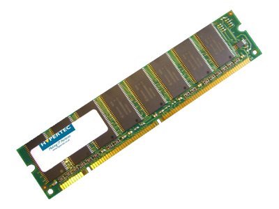 Green circuit board memory module with eight memory chips, labeled "HYPERTEC," featuring gold connectors and a white label area for identification.