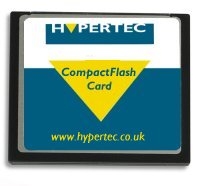 CompactFlash card by Hypertec, featuring a blue and yellow design with the logo at the top and website link at the bottom, indicating a storage capacity of 1GB.