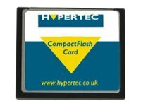 CompactFlash card by Hypertec, featuring a black plastic casing with a blue and yellow label, indicating 256MB capacity and the brand logo prominently displayed.