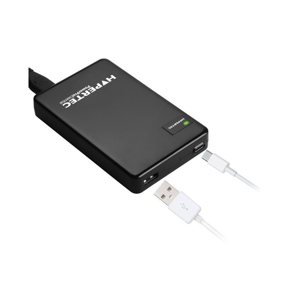 Black Hypertec USB Type-C power supply unit with UK plug, featuring a green LED indicator, USB ports, and a white USB cable connected.