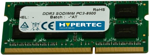 Green circuit board with a white label displaying "DDR3 SODIMM PC3-8500" and "HYPERTEC," featuring black memory chips and gold connectors on the bottom edge.