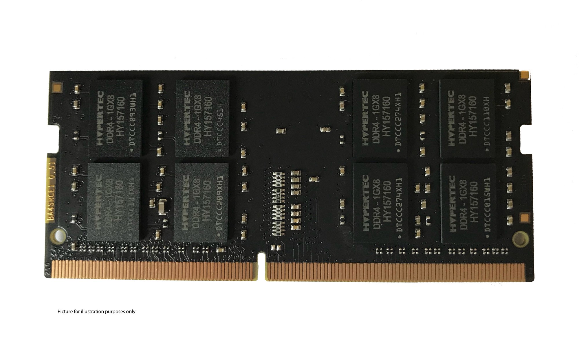 Black circuit board with eight memory chips, gold connectors on the bottom, labeled "Hypertec" and specifications for 8GB DDR4 2666MHz, 1Rx8, and 260-pin SODIMM.