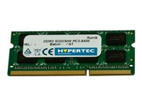 Green circuit board memory module with a white label, featuring the Hypertec logo, and two black chips, designed for DDR3 1066 MHz, 4 GB capacity.