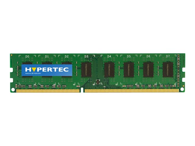 Green circuit board with eight black memory chips and a blue Hypertec label, featuring gold connectors at the bottom, designed for DDR3 1600 MHz memory.