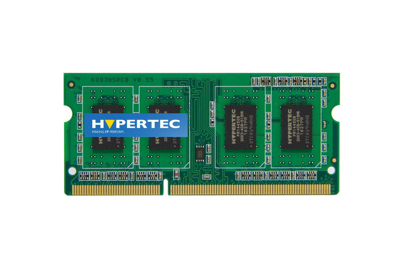 Green circuit board featuring four black memory chips, labeled "HYPERTEC," with gold connectors at the bottom, designed for DDR3 1600 MHz memory modules.