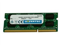 Green circuit board memory module with a white label displaying "Hypertec," 8 GB capacity, DDR3, 1333 MHz, and two black chips on the surface.