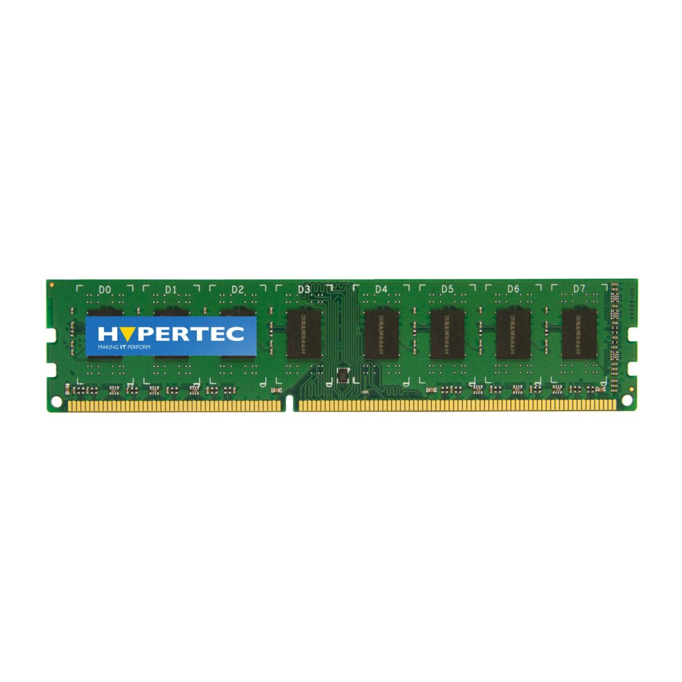 Green circuit board memory module with a blue Hypertec label, featuring eight black memory chips, and a gold connector edge, labeled as 8 GB DDR3 1333 MHz.