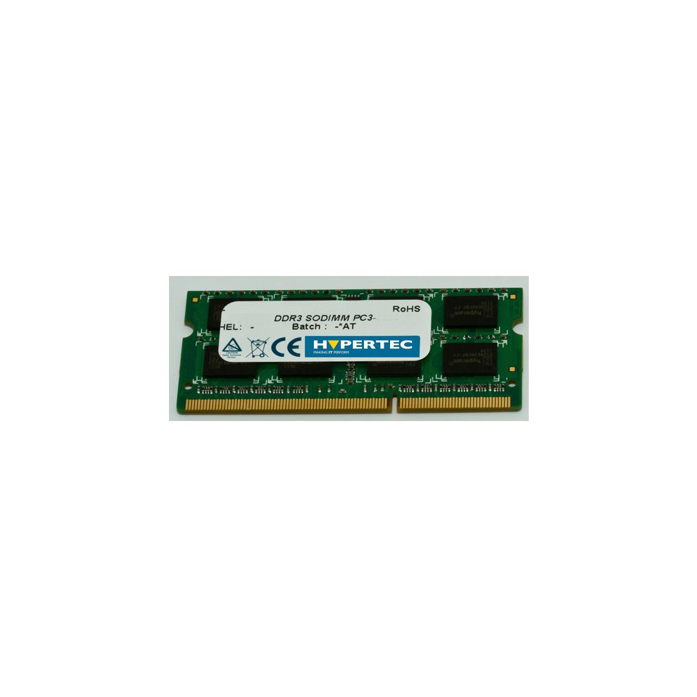 Hypertec HYMDL3802G memory module featuring a green PCB, gold connectors, and a white label with product details, designed for 2 GB capacity and 1600 MHz speed.