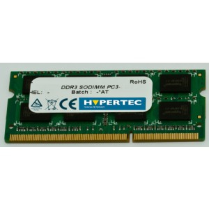 Green circuit board memory module with gold connectors, labeled "Hypertec HYMDL3808G 8 GB DDR3 1600 MHz," featuring two black memory chips and CE and RoHS certification logos.