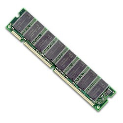 Green printed circuit board with a single 1 GB SDR SDRAM memory module featuring eight black memory chips and gold connectors on the bottom edge.