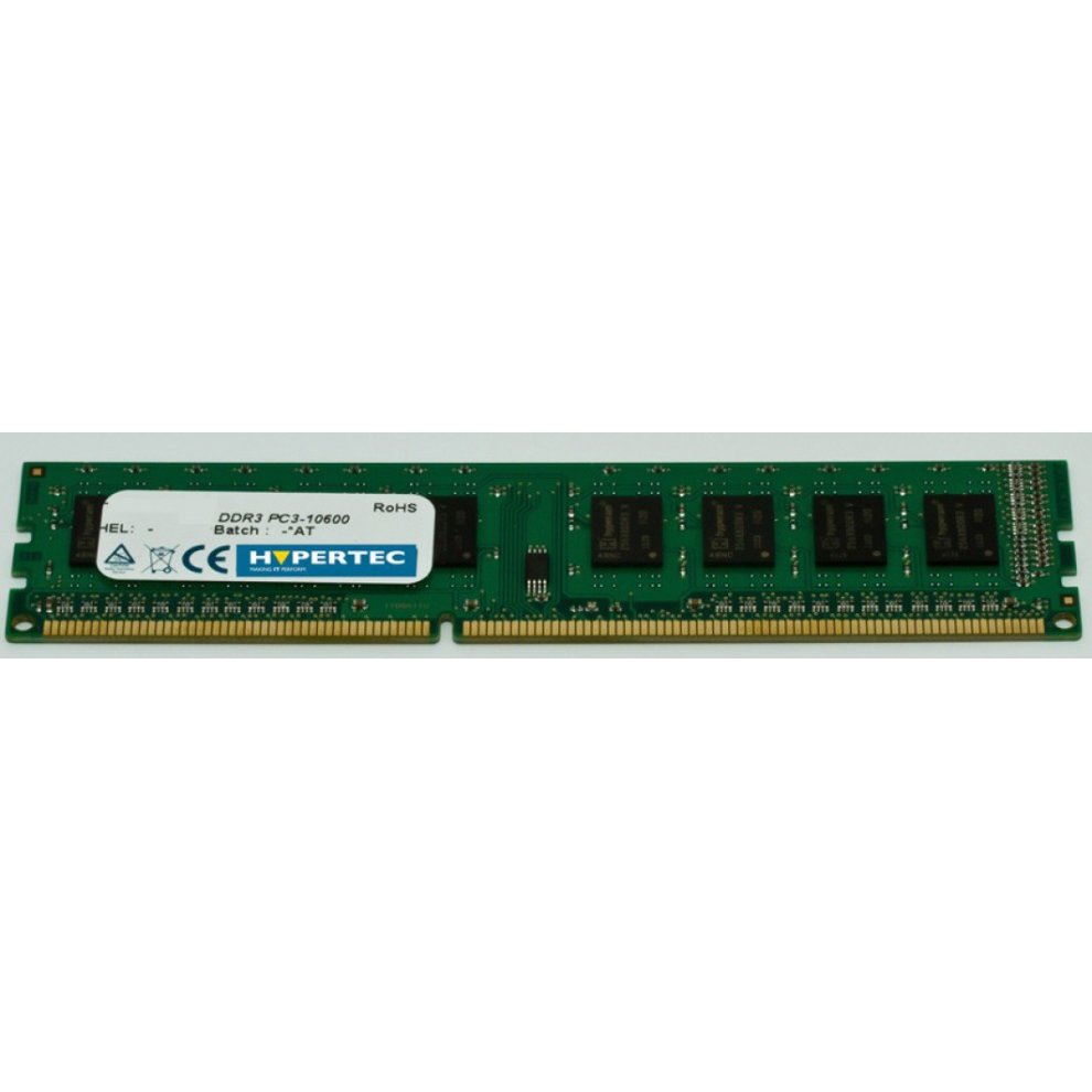 Green circuit board memory module with four black DRAM chips, labeled "Hypertec HYMFS2004G," featuring 4 GB capacity and 1066 MHz speed.