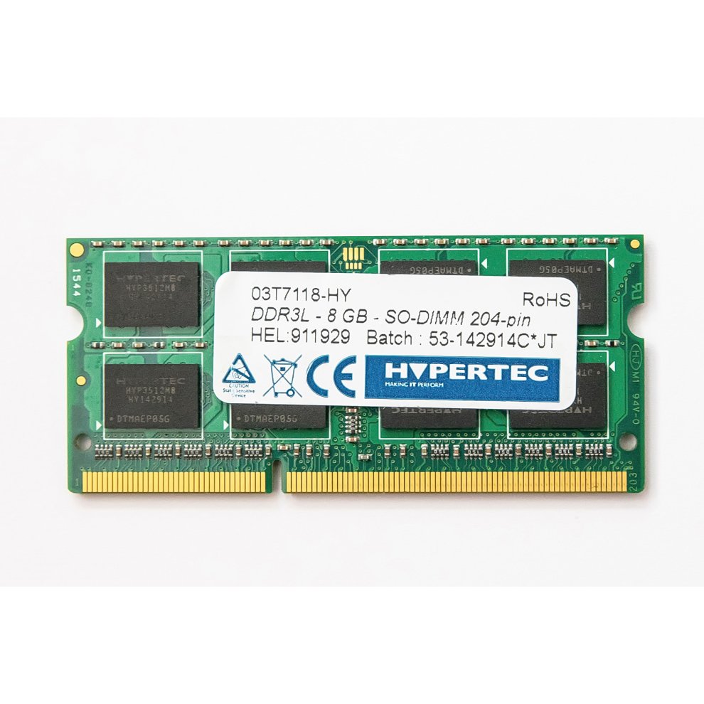 Green circuit board memory module with gold connectors, labeled "Hypertec," featuring 8 GB DDR3 1600 MHz ECC specifications and a white sticker with product details.