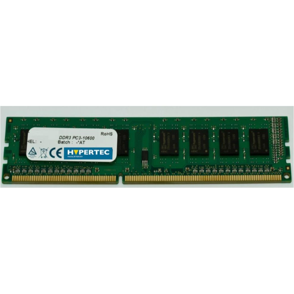 Green circuit board memory module with a white label indicating "Hypertec," featuring eight memory chips and gold connectors on the bottom edge, labeled DDR3 PC3-10600.