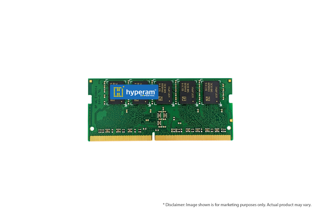 Hypertec Hyperam 8GB DDR4 SODIMM module in green PCB with gold connectors, featuring a blue label with the "hyperam" logo and multiple memory chips.