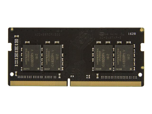 Black circuit board featuring a Hypertec 8 GB DDR4 2400 MHz memory module with gold connectors and four memory chips arranged in two rows.
