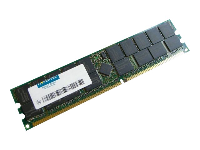 Green printed circuit board with a single 1 GB DDR 266 memory module, featuring black memory chips and a white label with the Hypertec logo and barcode.
