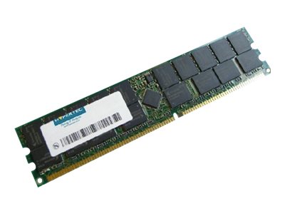 Hypertec HYR12125644GBOE memory module in green and black, featuring 4 GB ECC, with eight black memory chips and a white label on the side.