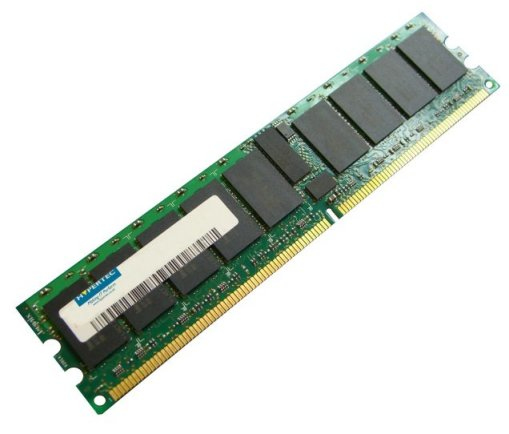 Green printed circuit board with eight black memory chips, labeled with a white Hypertec sticker, featuring gold connectors on one edge, designed for DDR2 240-pin DIMM ECC.
