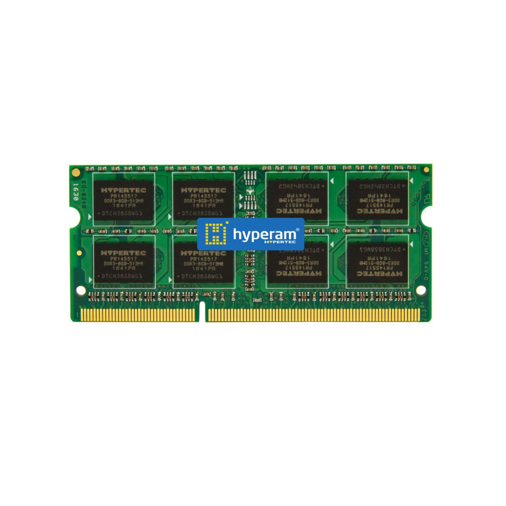 Green circuit board memory module with eight black memory chips, labeled "HYPERTEC," featuring gold connectors and a capacity of 1 GB at 1066 MHz.
