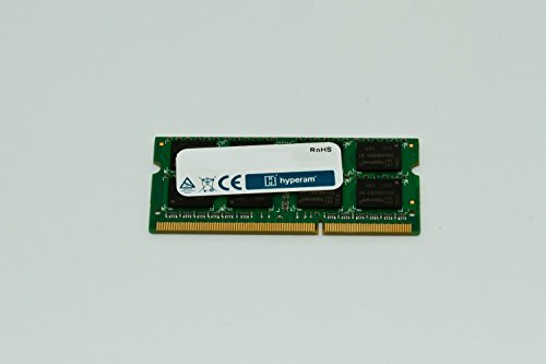 Green circuit board featuring a 4 GB DDR3 204-pin SO-DIMM memory module with a white label marked "hyperram" and certification symbols, showcasing black memory chips.