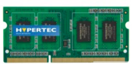 Green circuit board with four black memory chips, labeled "HYPERTEC," featuring gold connectors and a compact design for DDR3 1333 MHz memory module, 1 GB capacity.