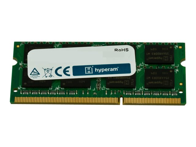 Green printed circuit board with gold contacts, featuring a white label marked "hyperam" and certification symbols, containing black memory chips, labeled as 8 GB DDR3 1333 MHz.