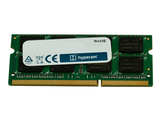 Green circuit board with gold connectors, featuring a white label marked "hyperam" and certification symbols, housing black memory chips for a 2 GB DDR3 1600 MHz module.