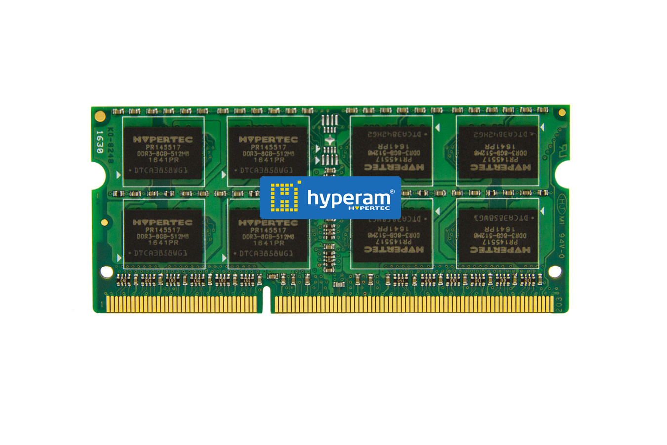 Green circuit board memory module with eight black chips, labeled "Hypertec," featuring gold connectors and specifications for 4 GB DDR3 1600 MHz.