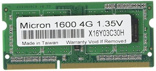 Green circuit board memory module with a white label displaying "Micron 1600 4G 1.35V," featuring gold connectors and multiple chips for data processing.