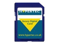 Blue and yellow Hypertec 4 GB SD memory card featuring a secure digital design, with the brand logo and website printed on the front.