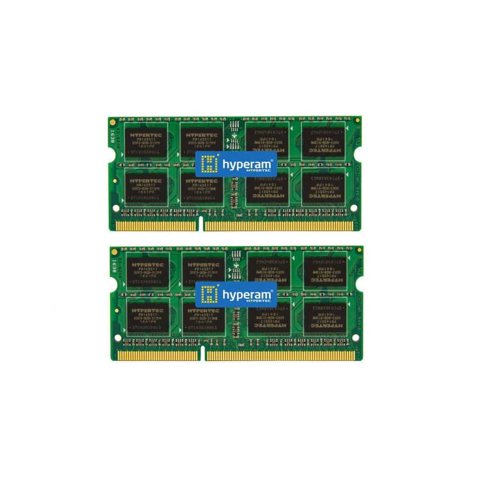 Two green Hypertec HYSK31025688GB memory modules, each 4 GB DDR3, featuring 204-pin SO-DIMM connectors and labeled chips, arranged in a stacked layout.