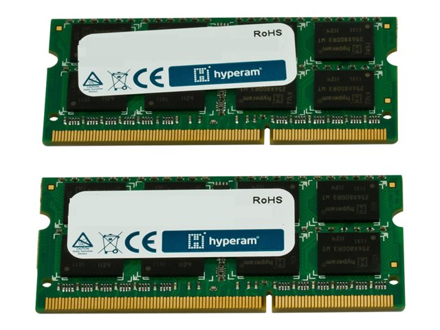 Green printed circuit board with two memory modules, each featuring a white label with "hyperam" and certification symbols, gold connectors at the bottom, and black memory chips.