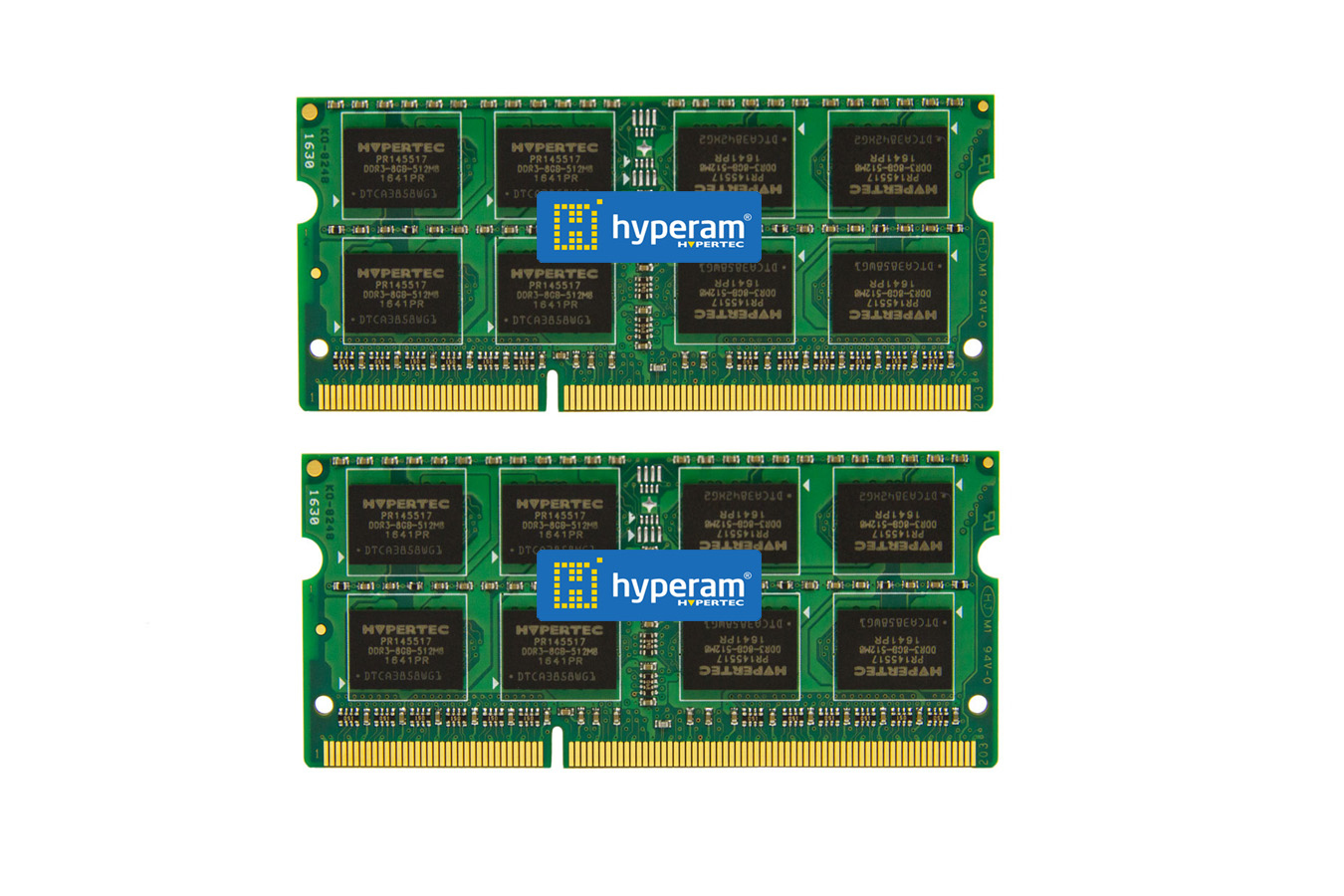 Green printed circuit board featuring two memory modules, each labeled "Hypertec," with eight memory chips per module, designed for DDR3L 1600 MHz, totaling 8 GB.