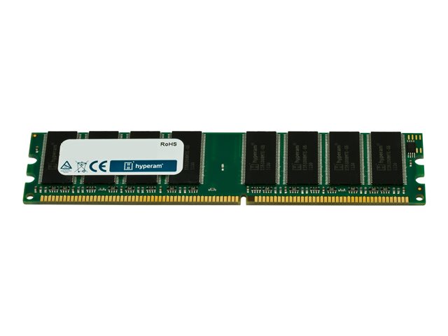 Green printed circuit board memory module with 0.25 GB capacity, 184 pins, featuring black memory chips and a white label with CE marking and Hypertec branding.